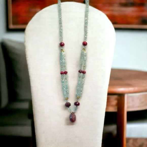 Hand-Faceted Raw Ruby & Aquamarine Gold Over Sterling Necklace - Picture 5 of 6